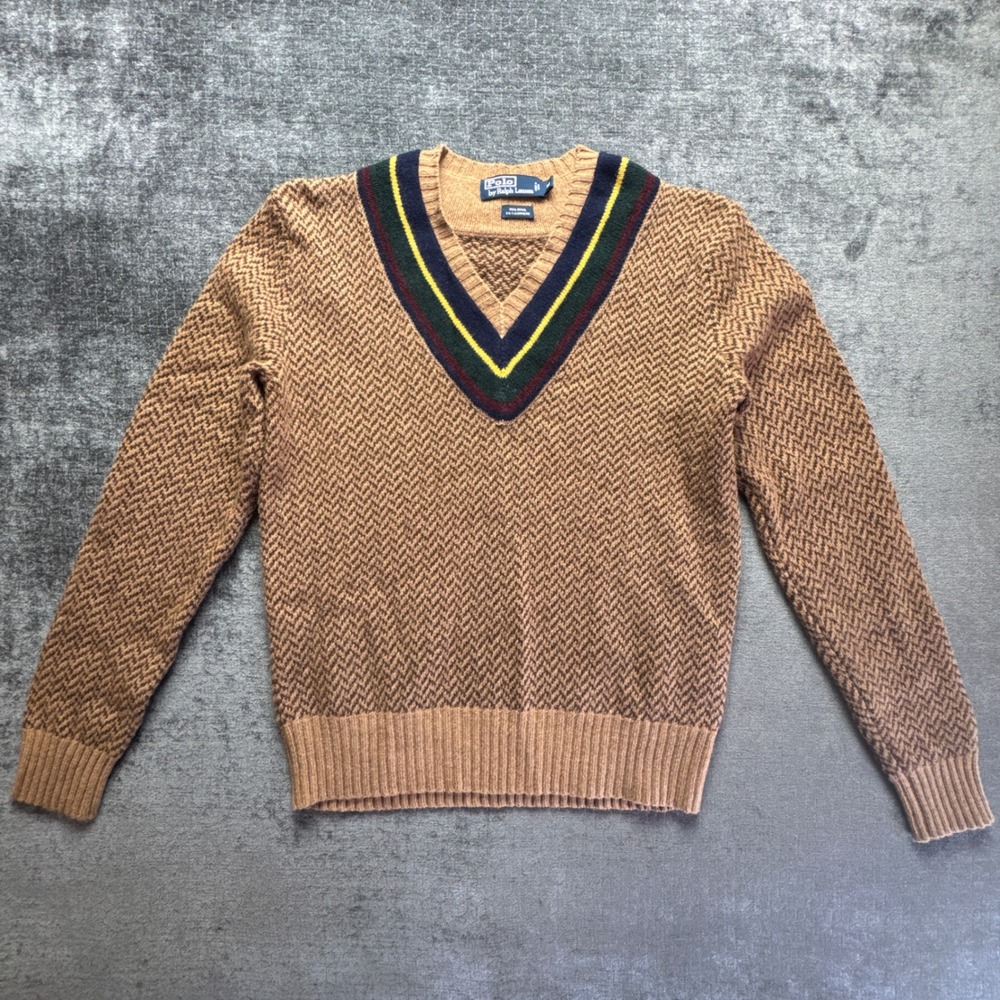 Polo Ralph Lauren Sweater Mens Medium Brown Herringbone Wool Cashmere V-Neck